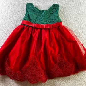 Girls Green Lace Red Tulle Bow Christmas‎ Holiday Formal Party Dress 24M Festive